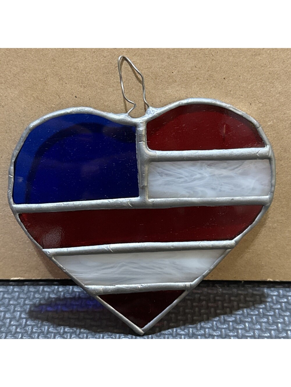 Stained Glass Sun Catcher Red White & Blue Heart American Flag Patriotic USA 4”